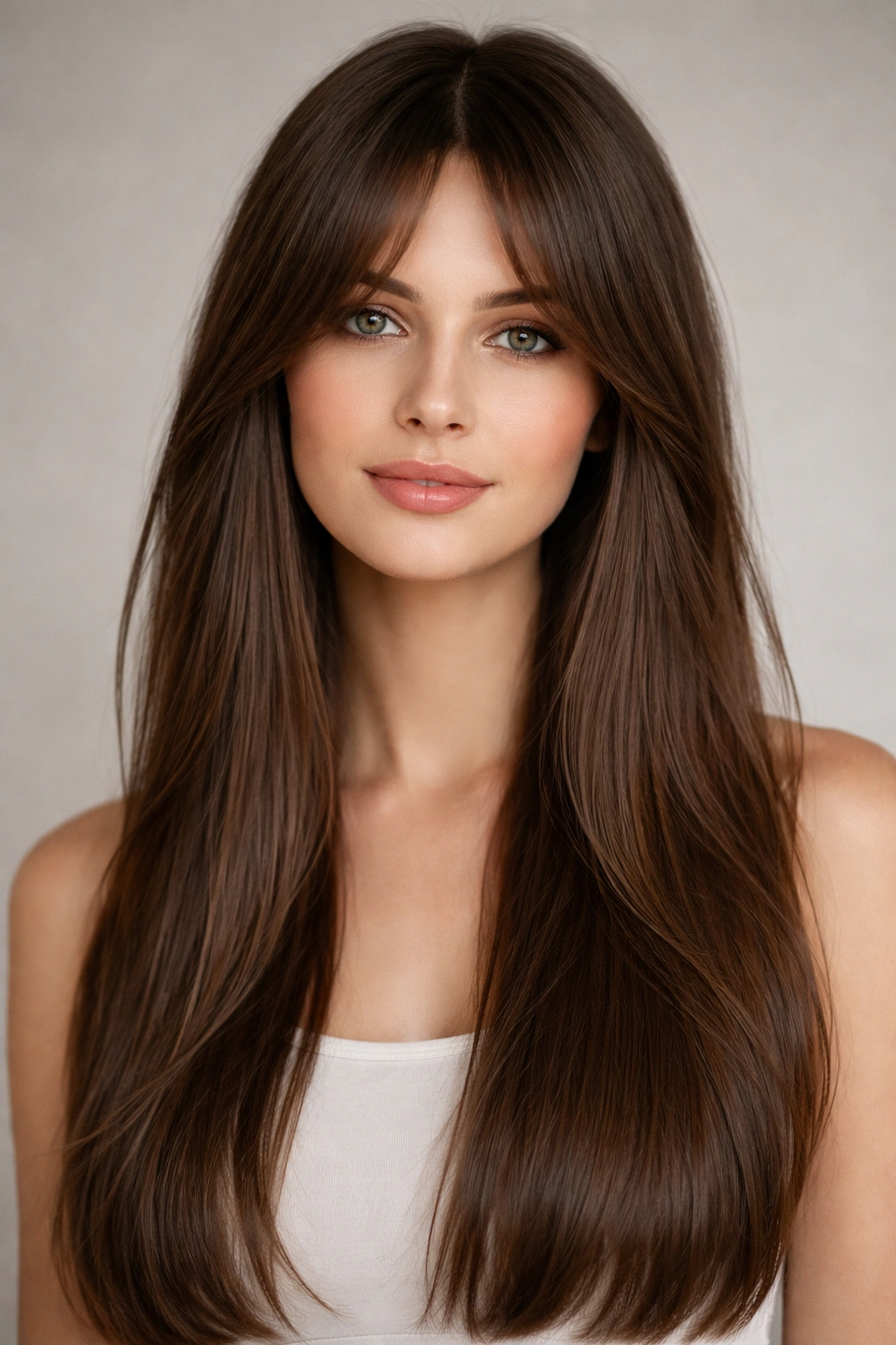 Close-up portrait showing curtain bangs on straight hair with a center part