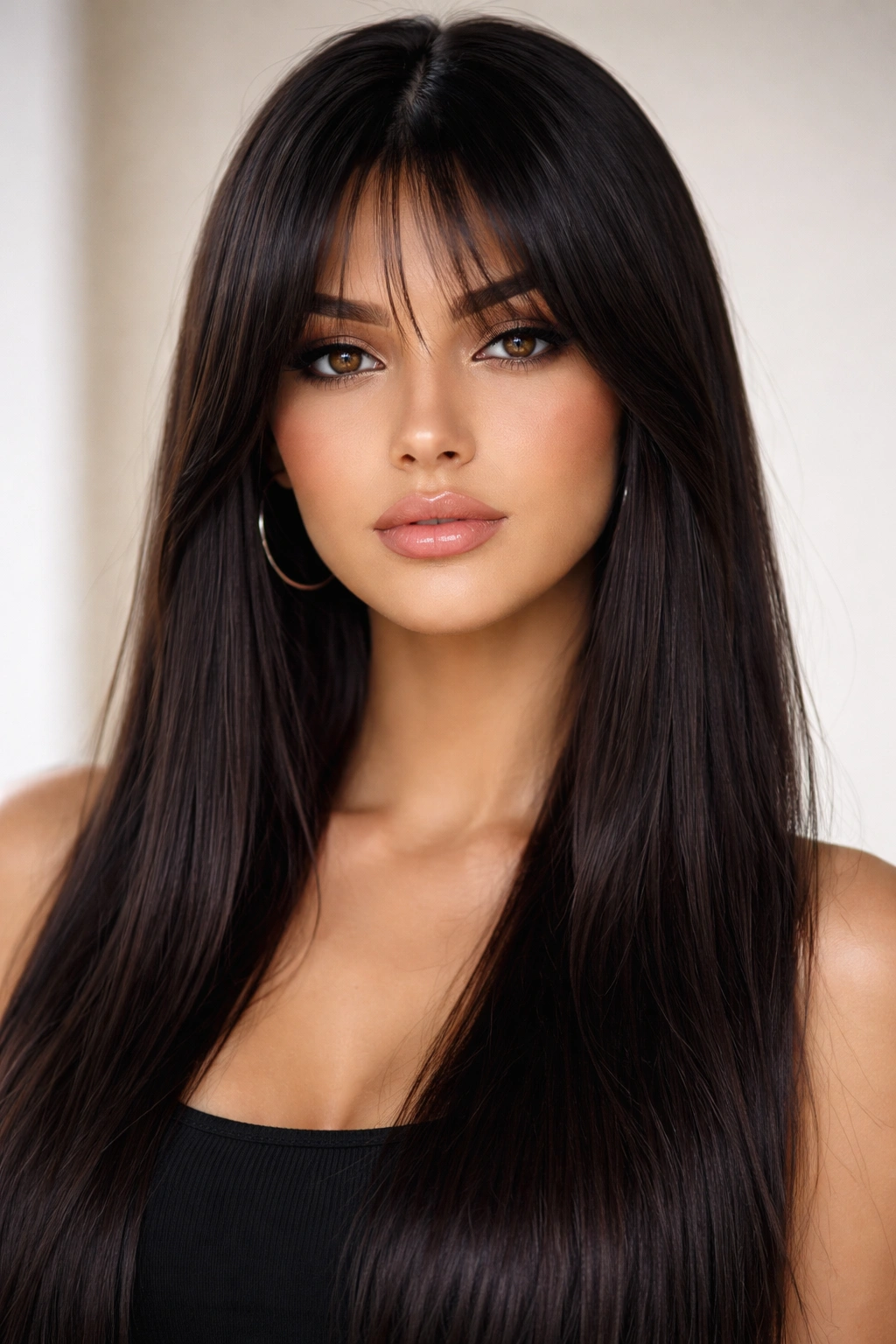 Curtain bangs on straight hair framing the face at cheekbone length