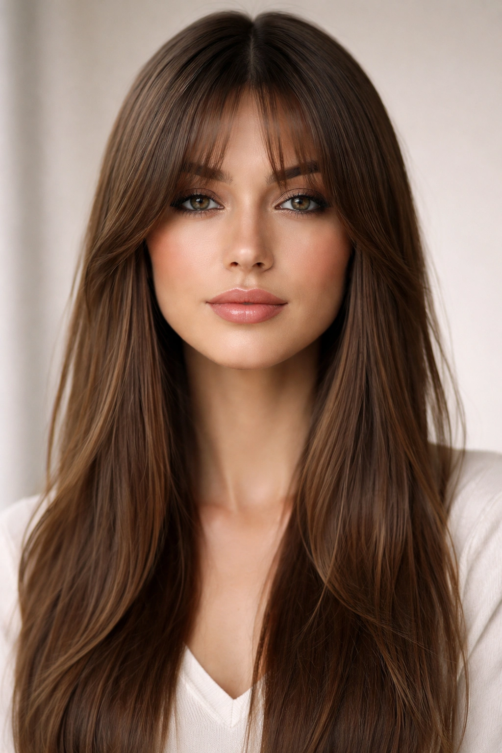 Close-up of curtain bangs parted in the middle on straight hair