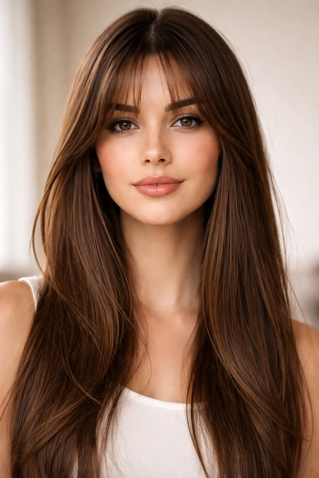 Straight hair with wispy curtain bangs parted in the middle