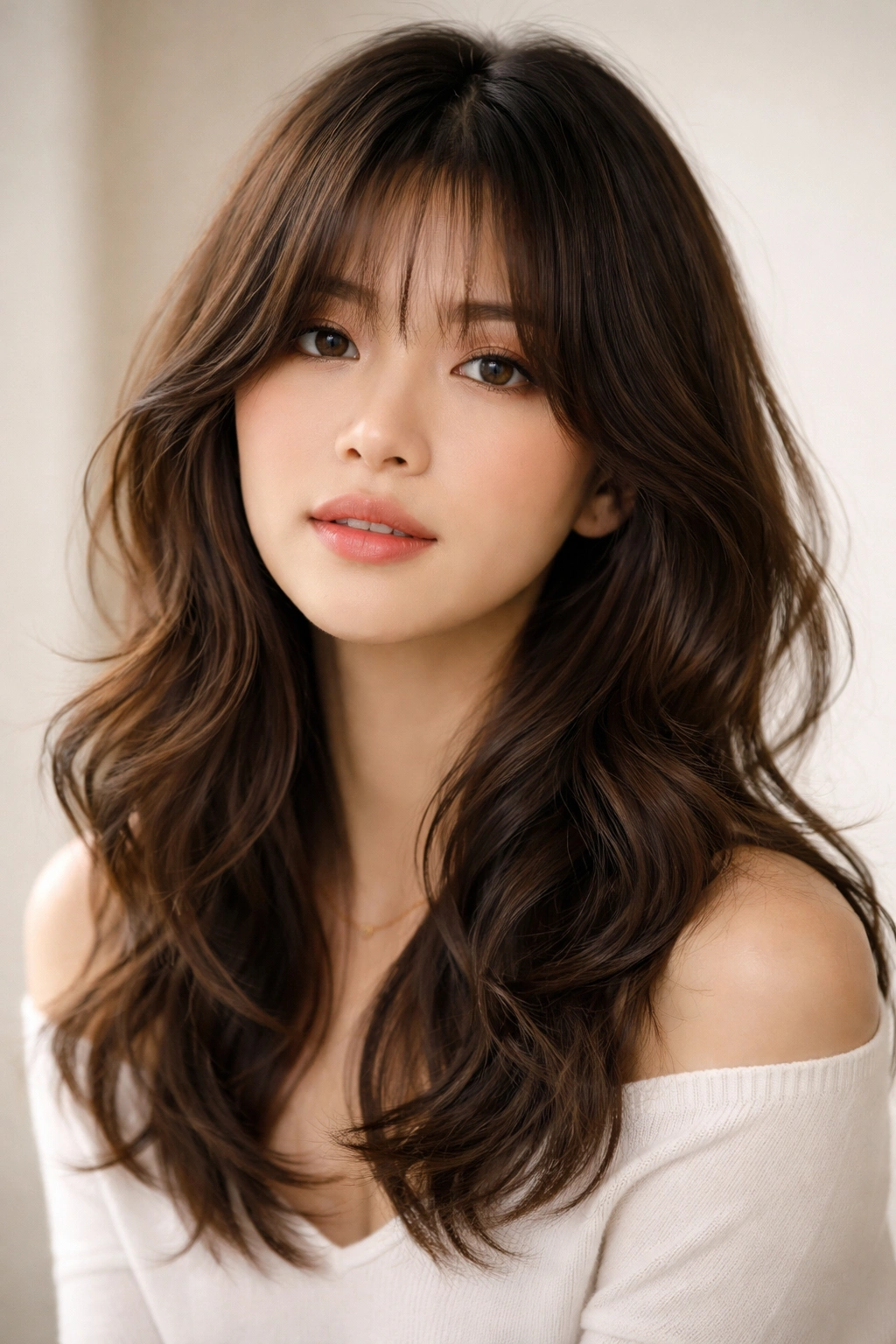 Curtain bangs with textured layers on wavy medium-length hair framing the face