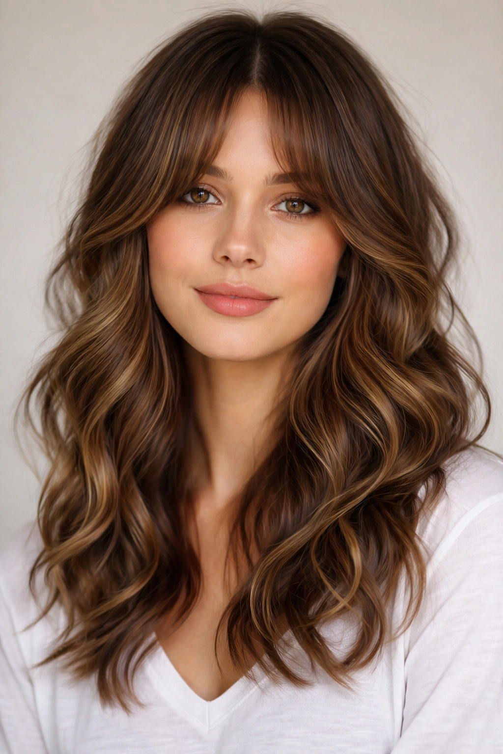 Close-up portrait of curtain bangs with textured waves on medium-length hair, center part framing the face