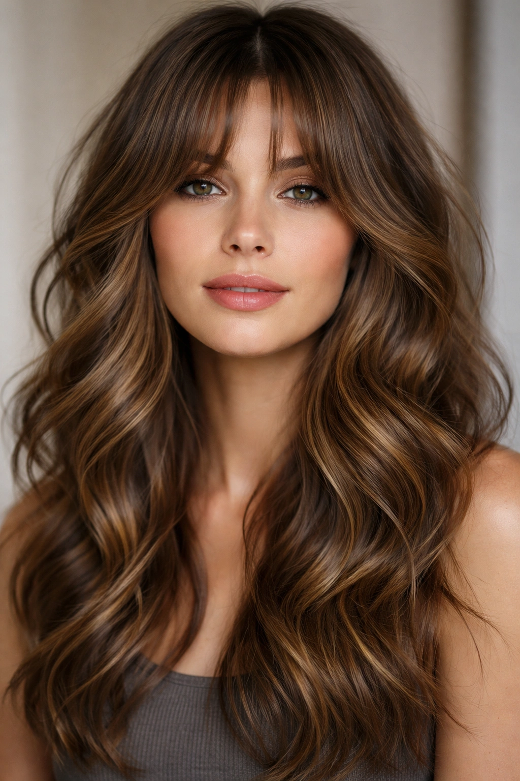 Curtain bangs with textured layers and dimensional waves.