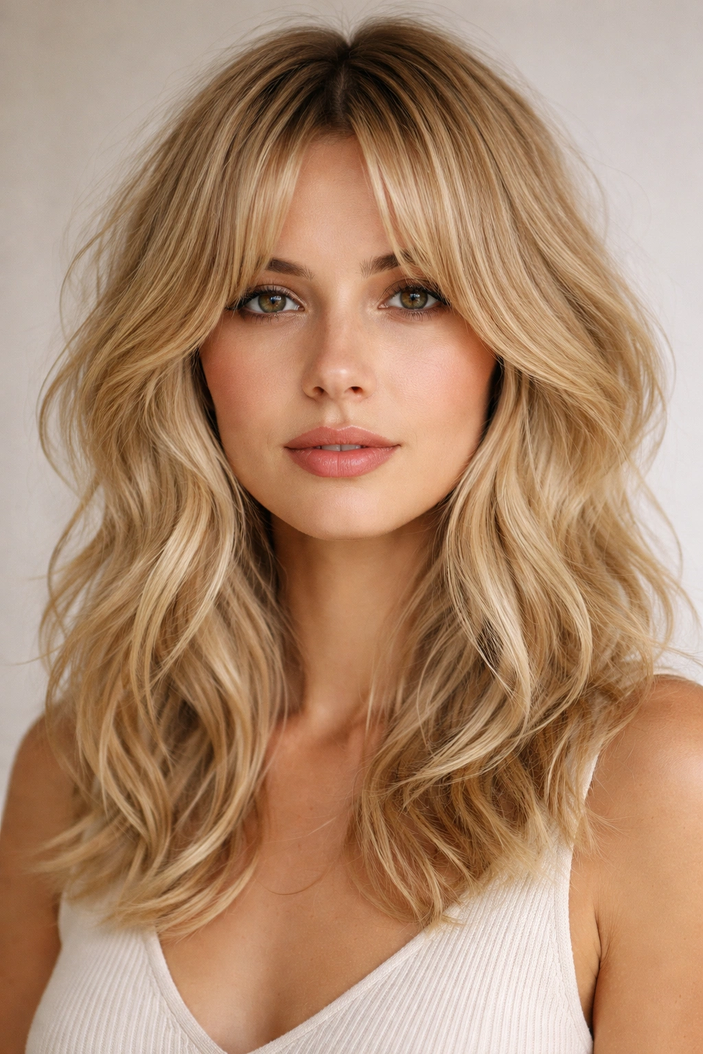 Tousled layered cut with curtain bangs on wavy blonde hair in a studio portrait