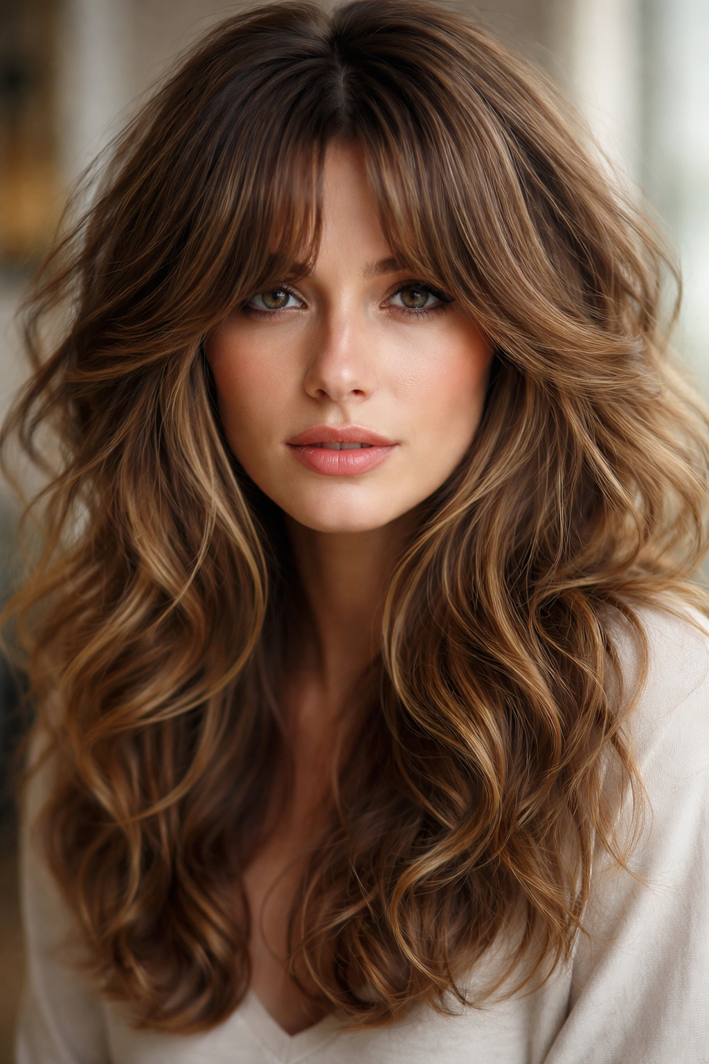 Grounded curtain bangs with voluminous waves starting at roots in a luxe textured look