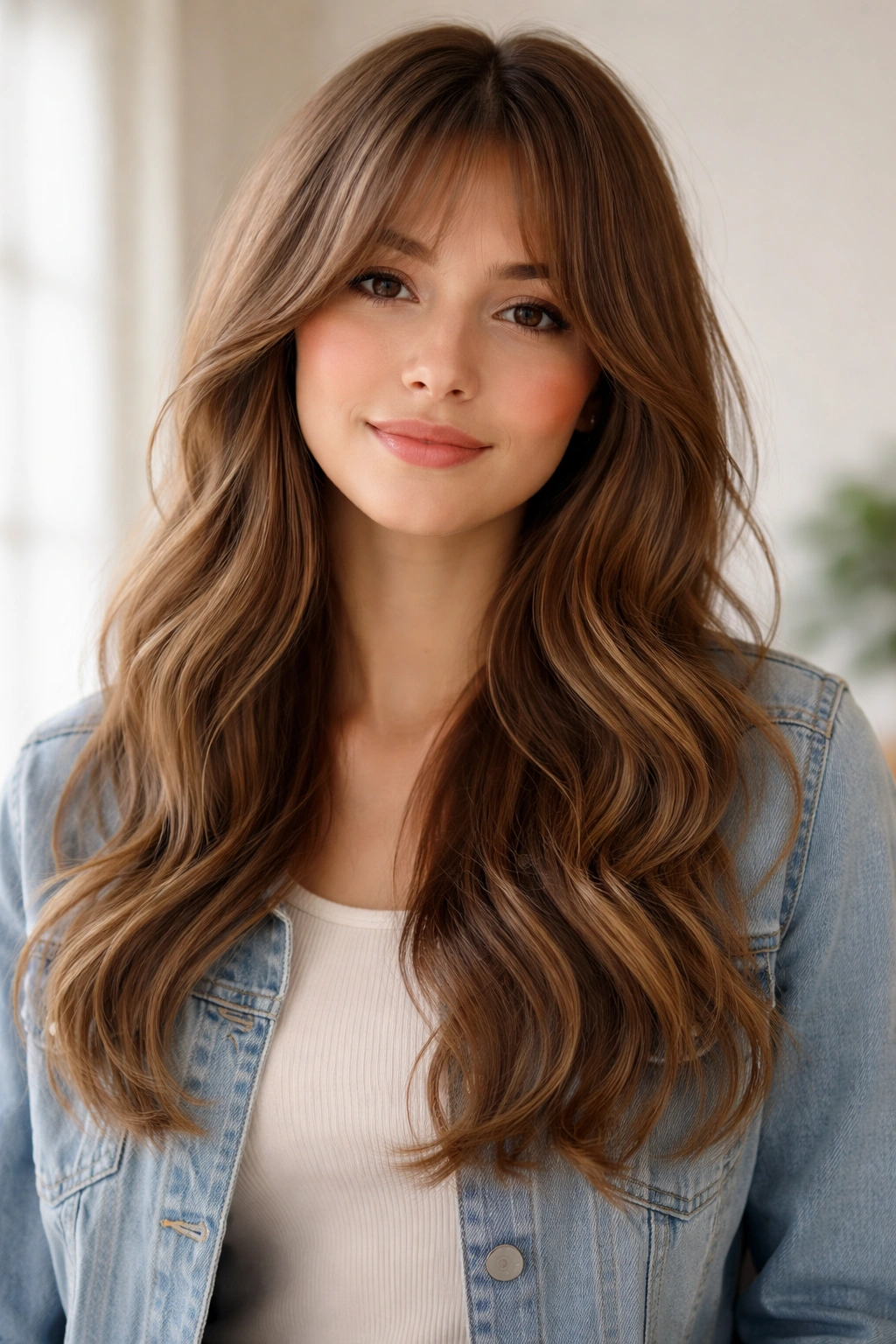 Portrait of curtain bangs with waves hairstyle in a clean studio setting