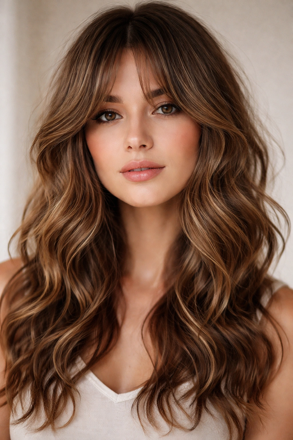 Close-up portrait of curtain bangs with wavy texture framing the face in soft studio light