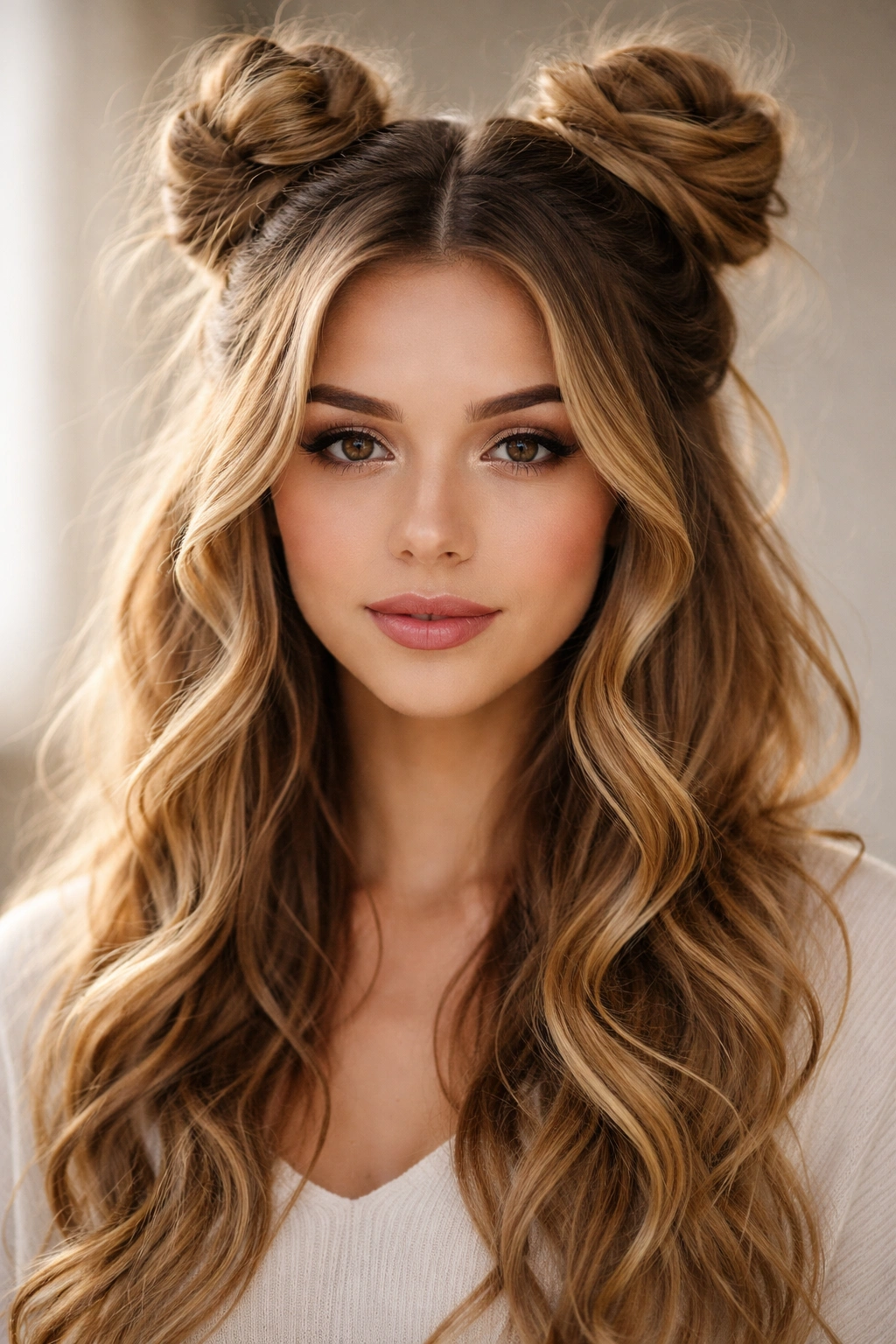 Space buns on top with long curtain-like face-framing curls framing the face.