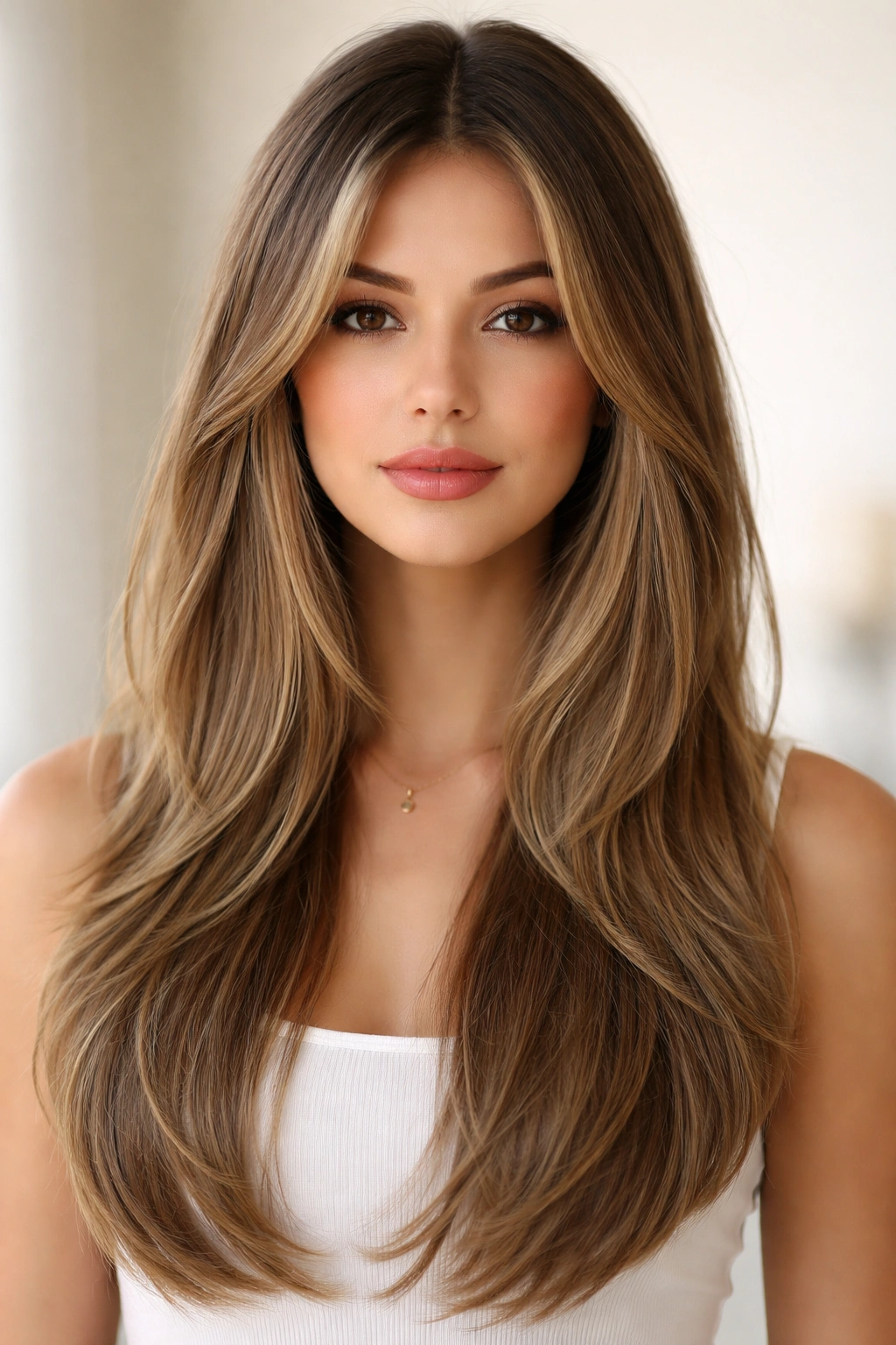 Frontal portrait showing curtain-inspired long layers framing the face