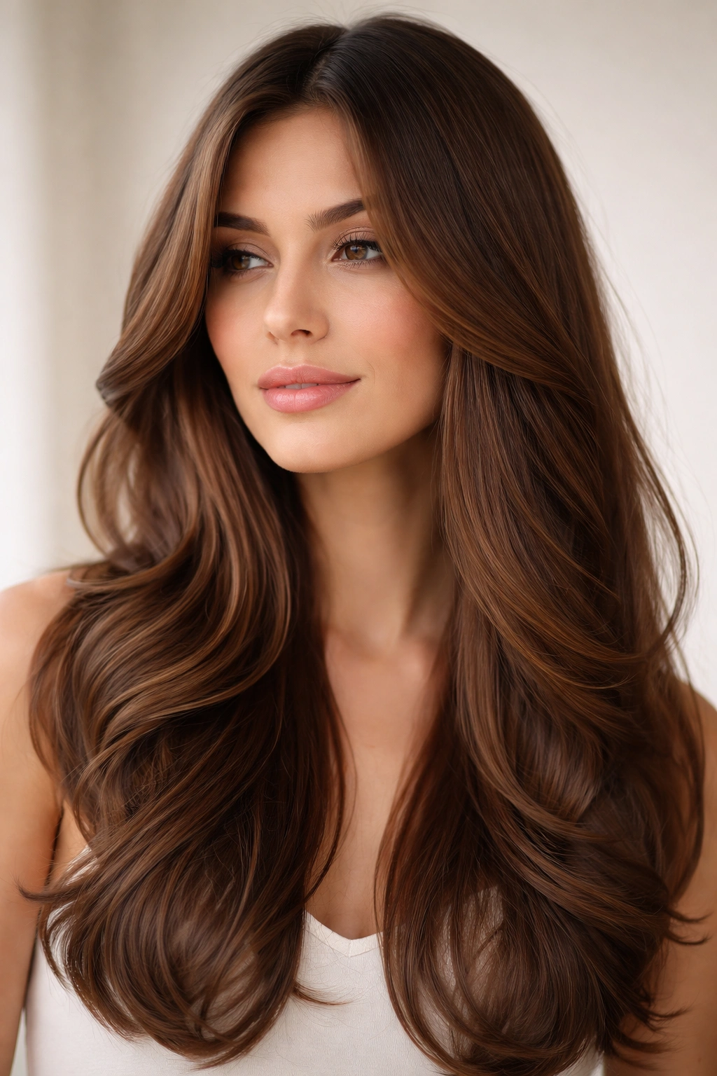 Close-up profile of a model with curtain layers and face-framing in brown hair