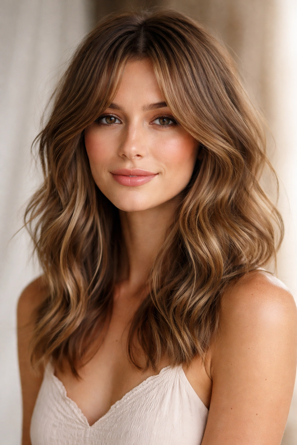Tousled curtain waves with center-parted side bangs framing the face.