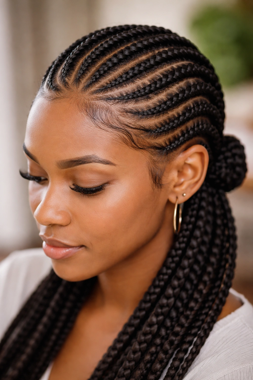Three-quarter view of curved arched cornrows away from the hairline