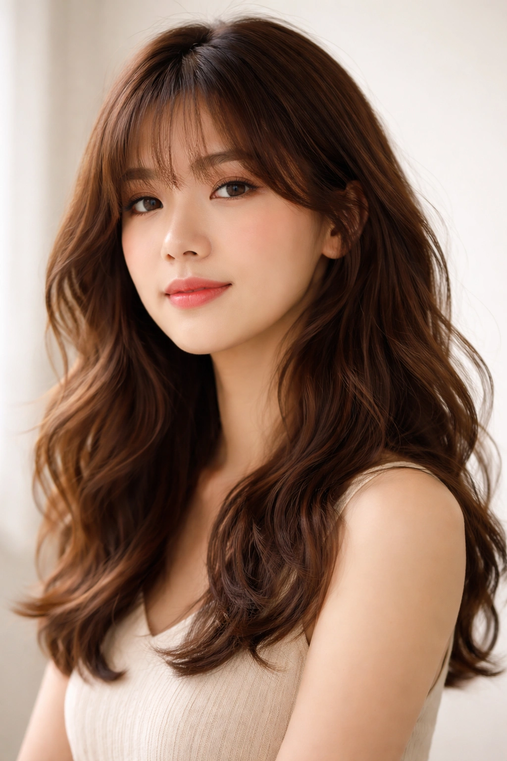 Portrait of a model with curved bangs and beachy waves in medium-length hair