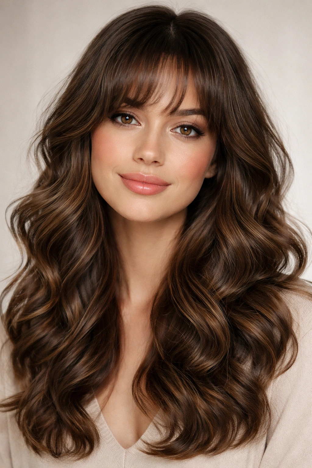 Front portrait showing curved bangs and bouncy waves framing the face