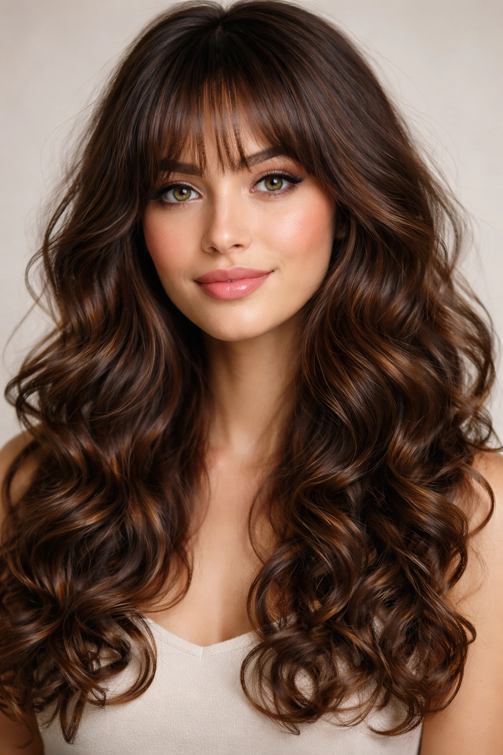 Portrait of curved bangs with loose ringlets framing the face