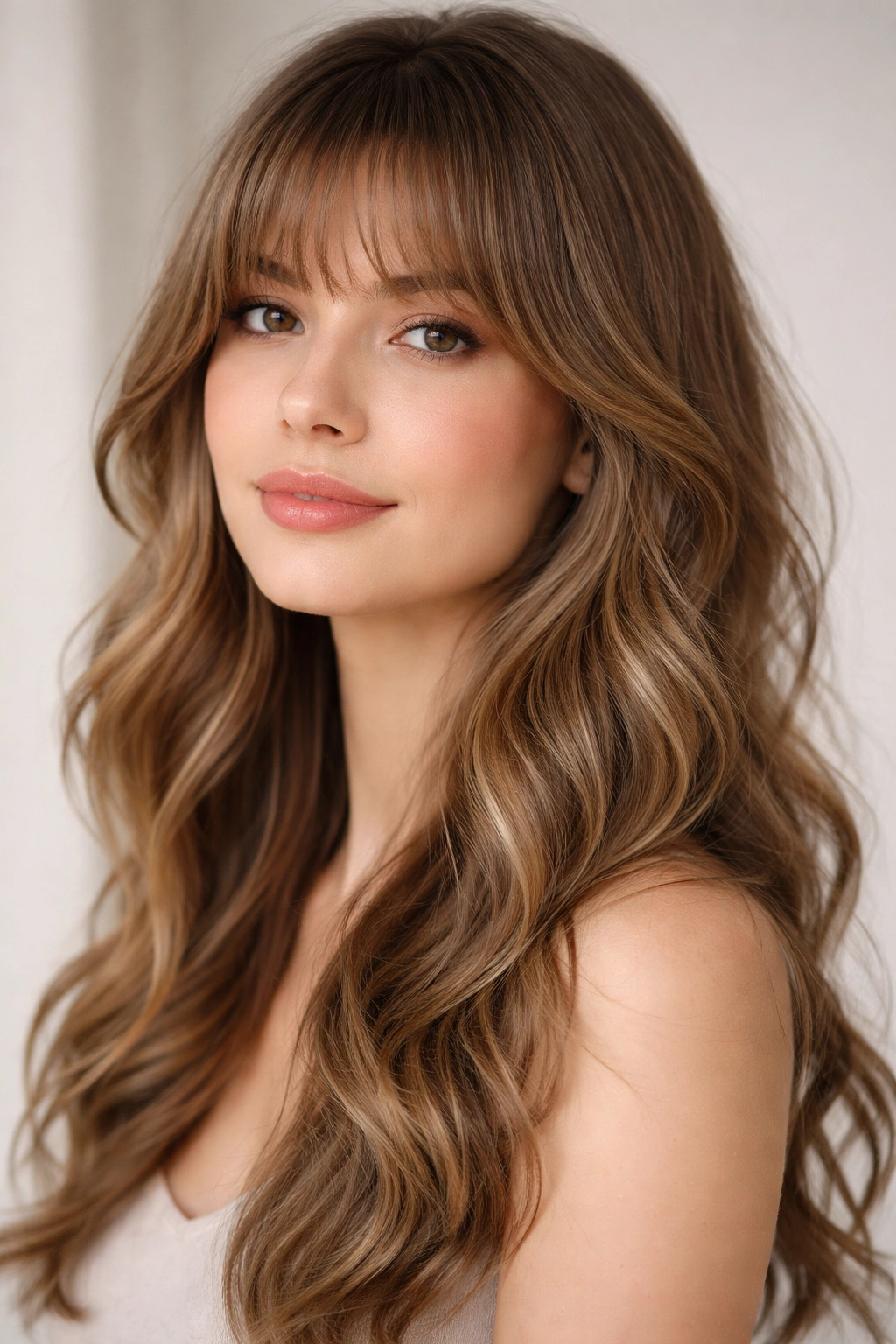 Curved bangs following head curve with soft waves