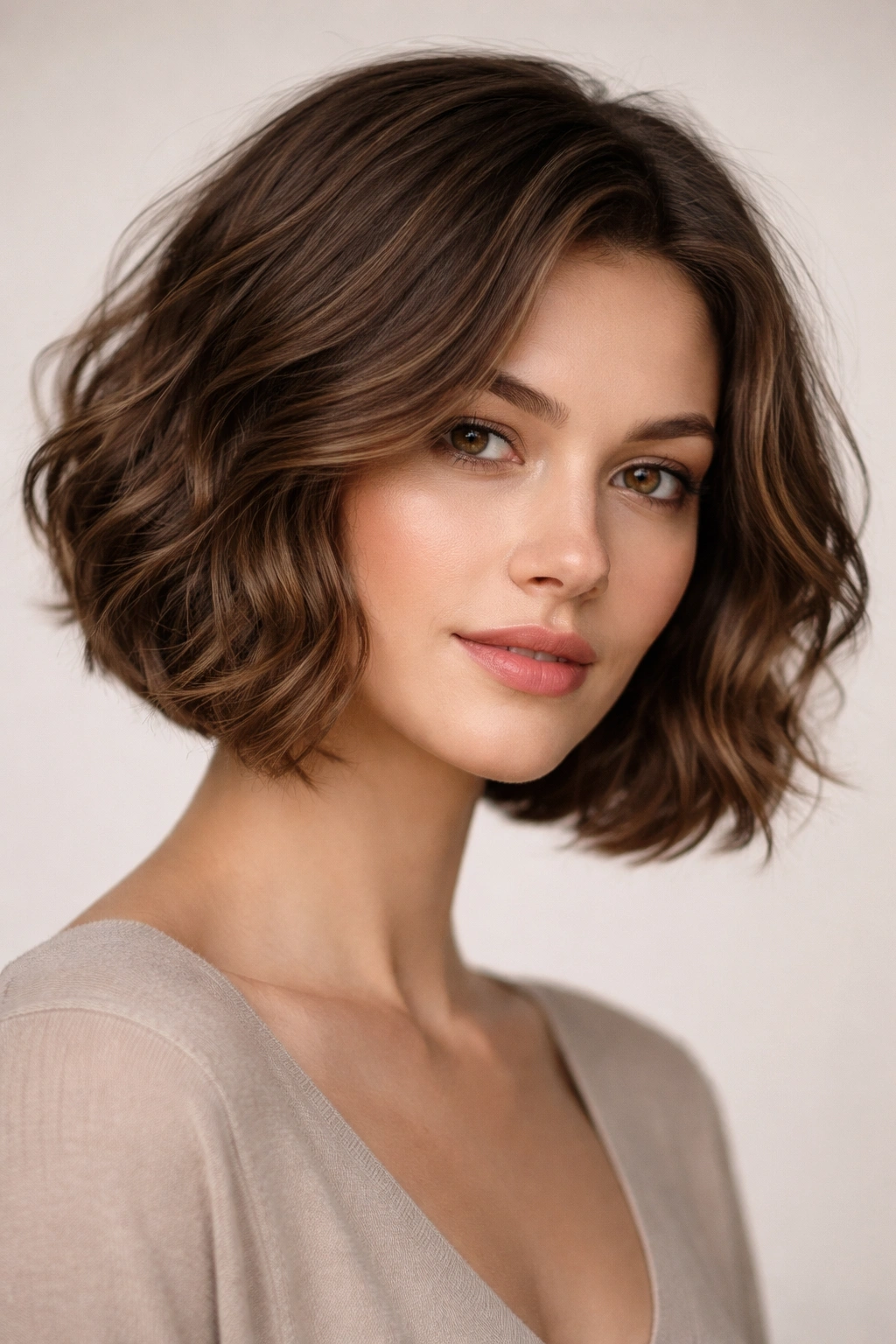 Close-up of curved bob hugging jawline to flatter face shape