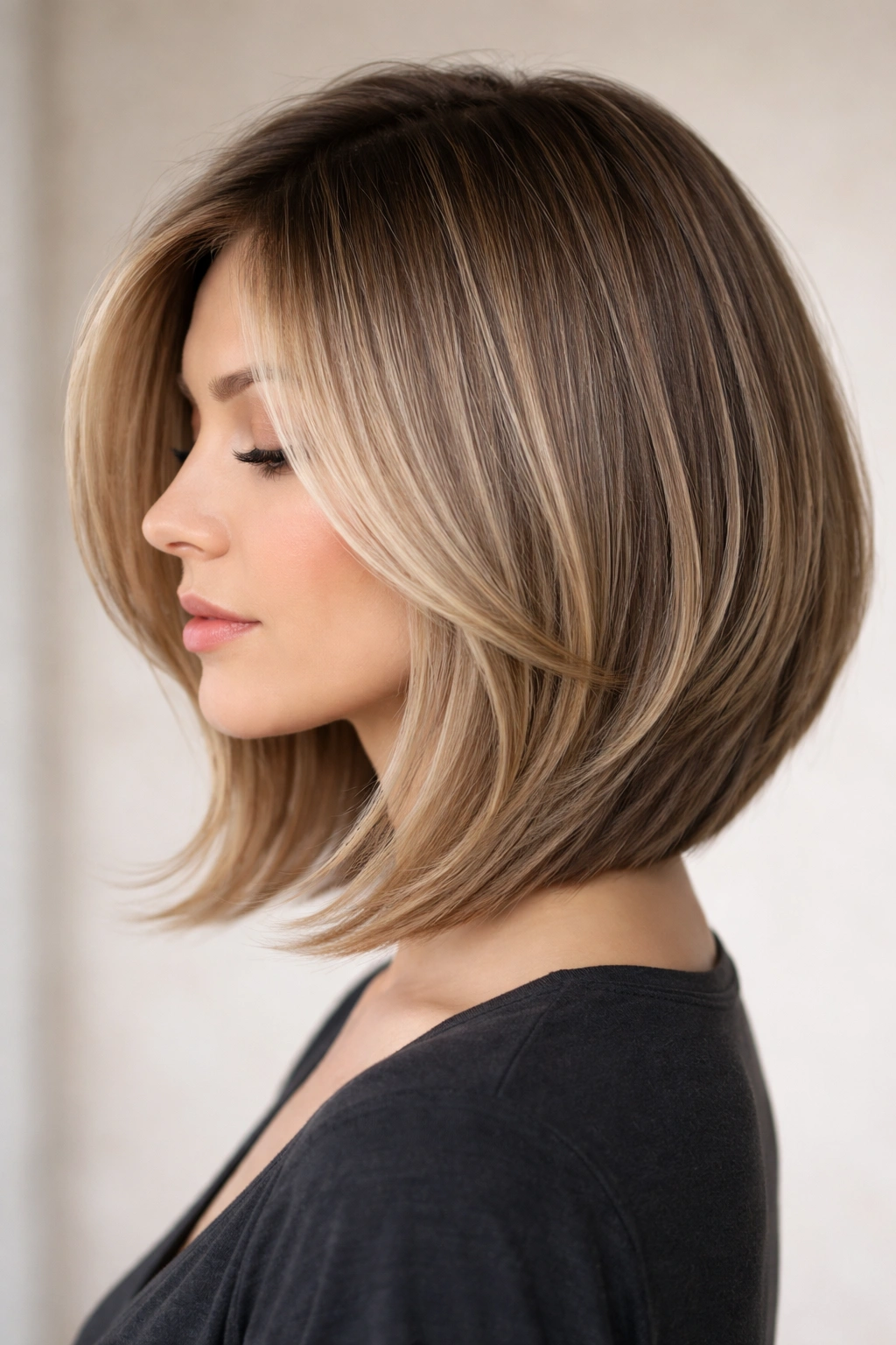 Curved bob lob with face-framing front and longer back for movement.