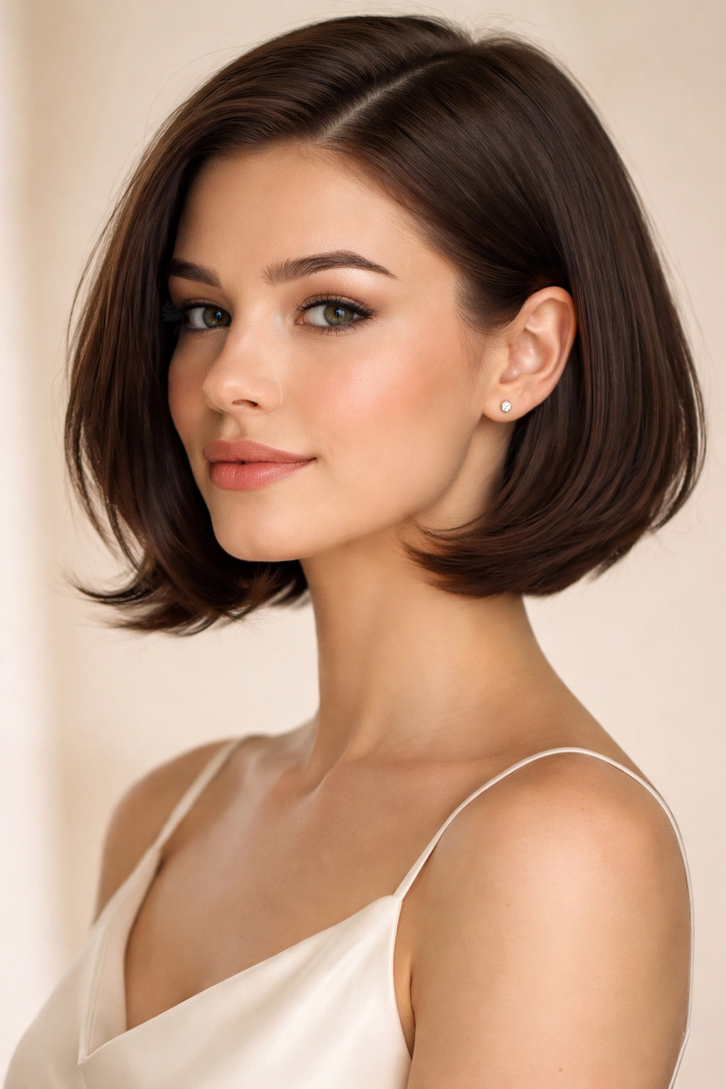 Front view of Curved Bob with Tucked Sides showing chin-length bob with outward-curved ends and tucked sides