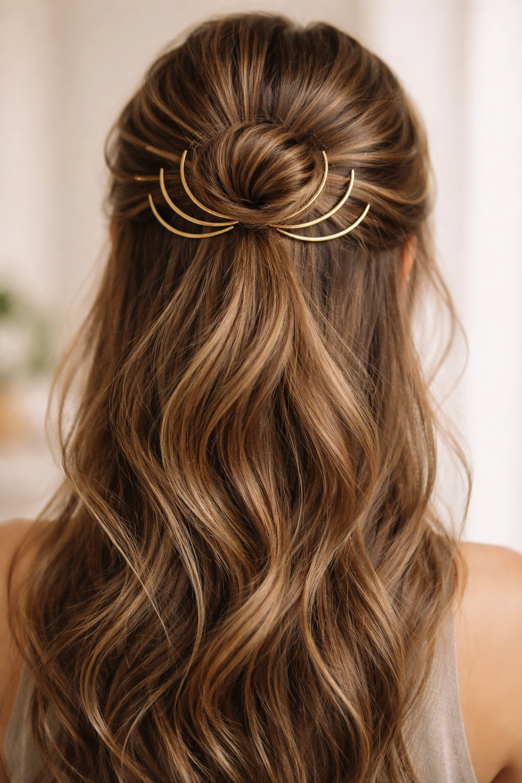 Close-up of a curved bobby pin half-up bun with decorative pins forming a circle