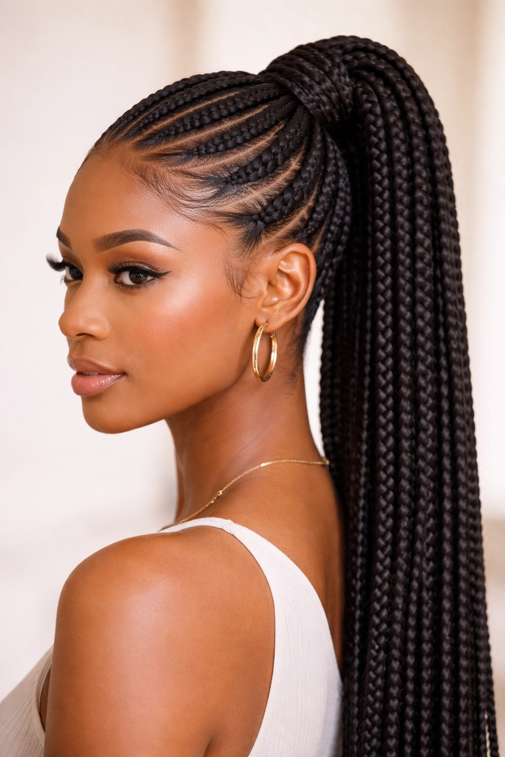 Curved section box braid ponytail showing architectural curve