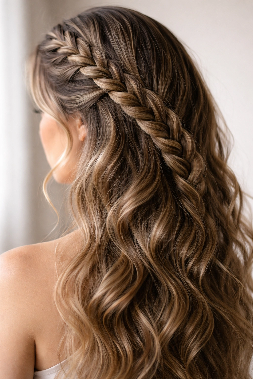 Close-up of a curved French braid following the natural wave pattern on wavy hair