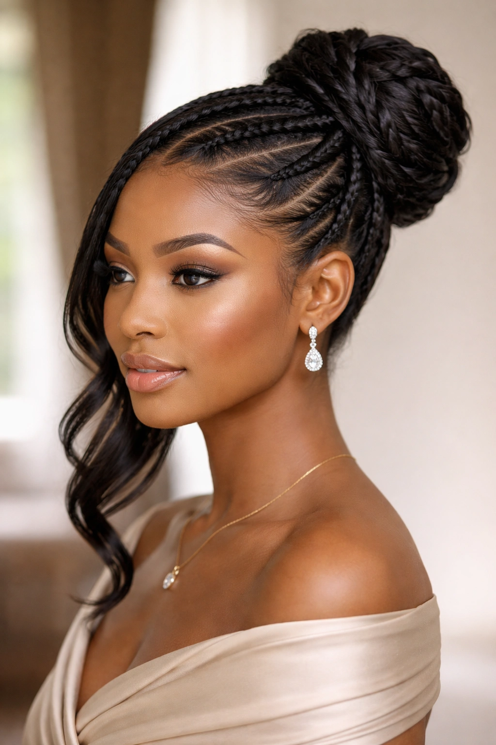 Three-quarter view of two curved braids sweeping into a high side bun