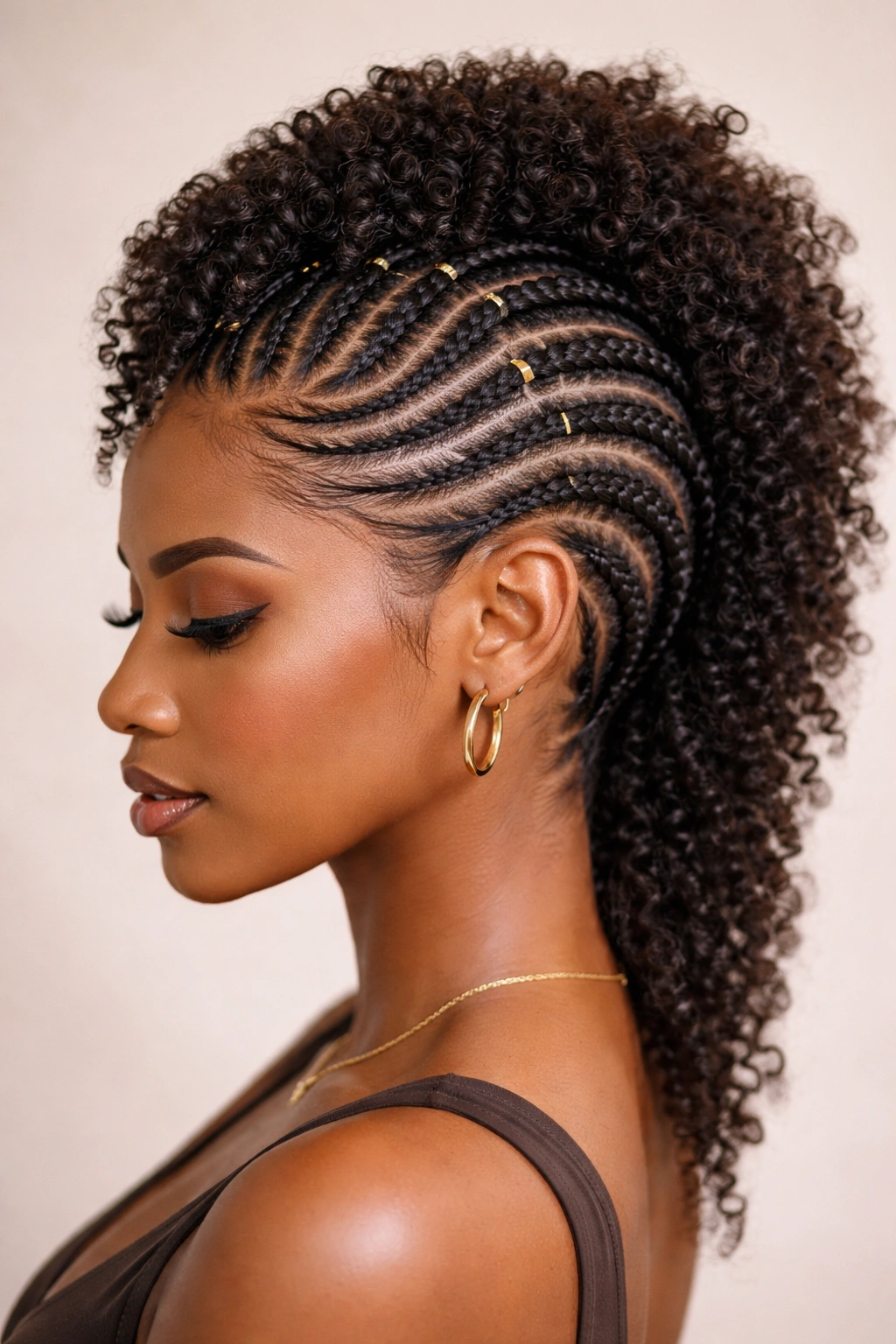 Curved cornrow mohawk design forming waves across the crown