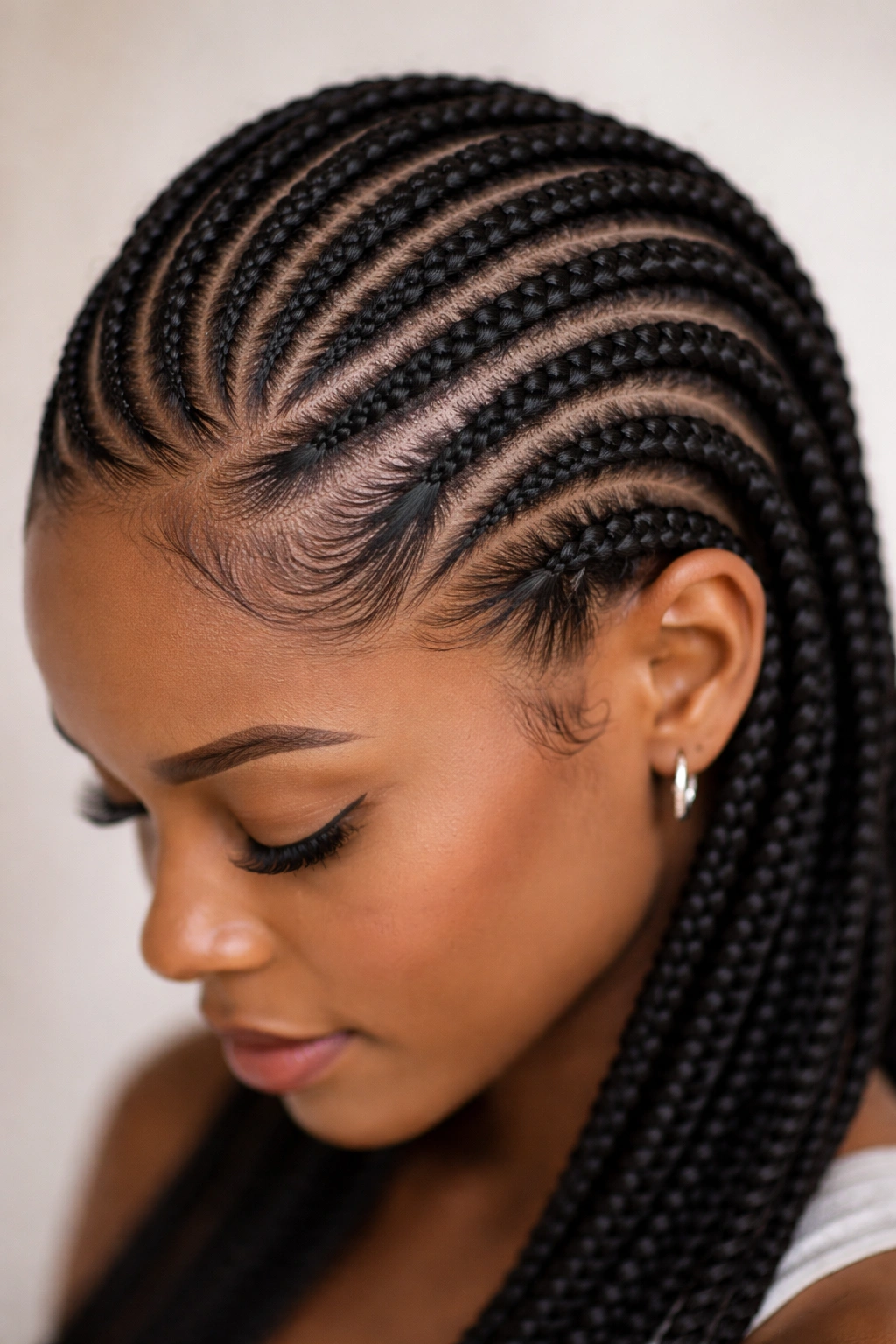 Close-up of curved cornrows following scalp contours, highlighting sculptural braid pattern
