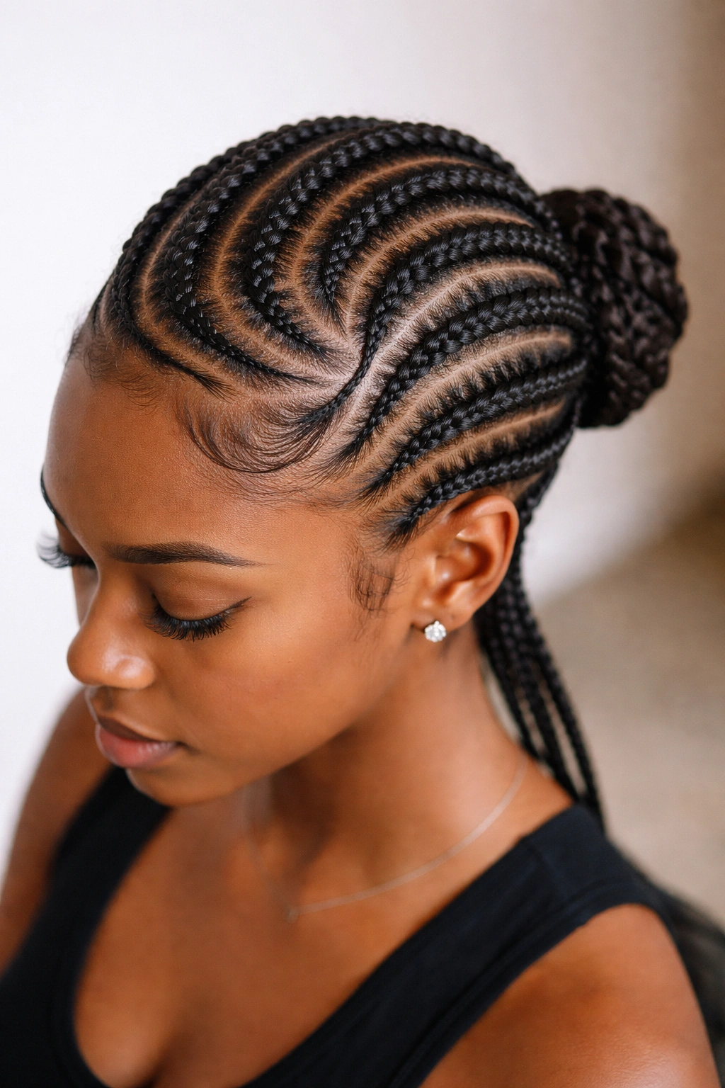 Curved cornrows forming smooth C or S shapes along the scalp.
