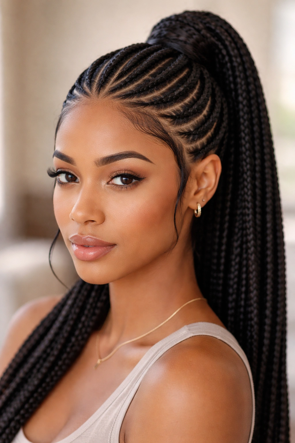 Curved cornrows framing the face converging into ponytail