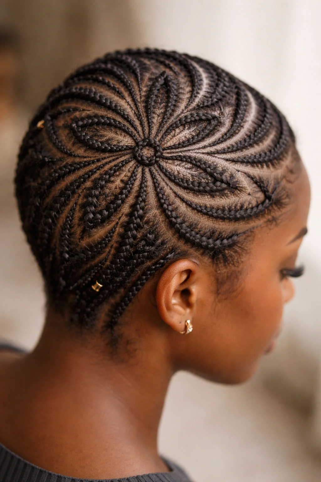 Close-up of curved and flower-pattern cornrows on short natural hair