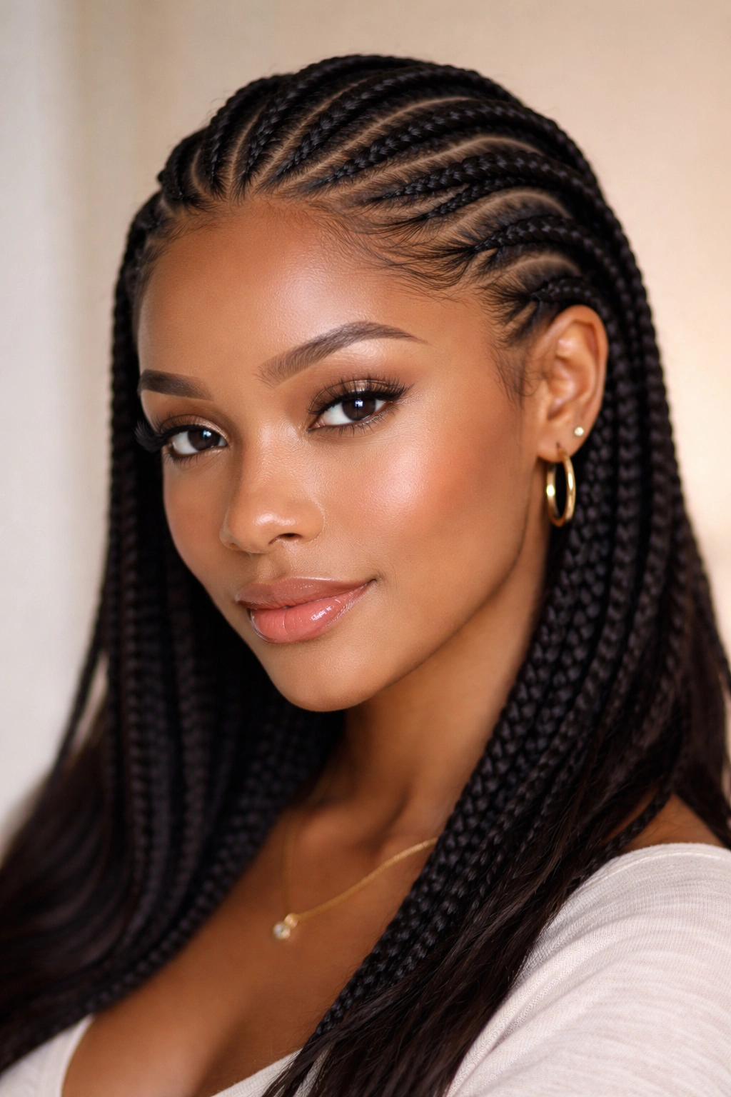 Close-up of curved cornrows framing an oval face