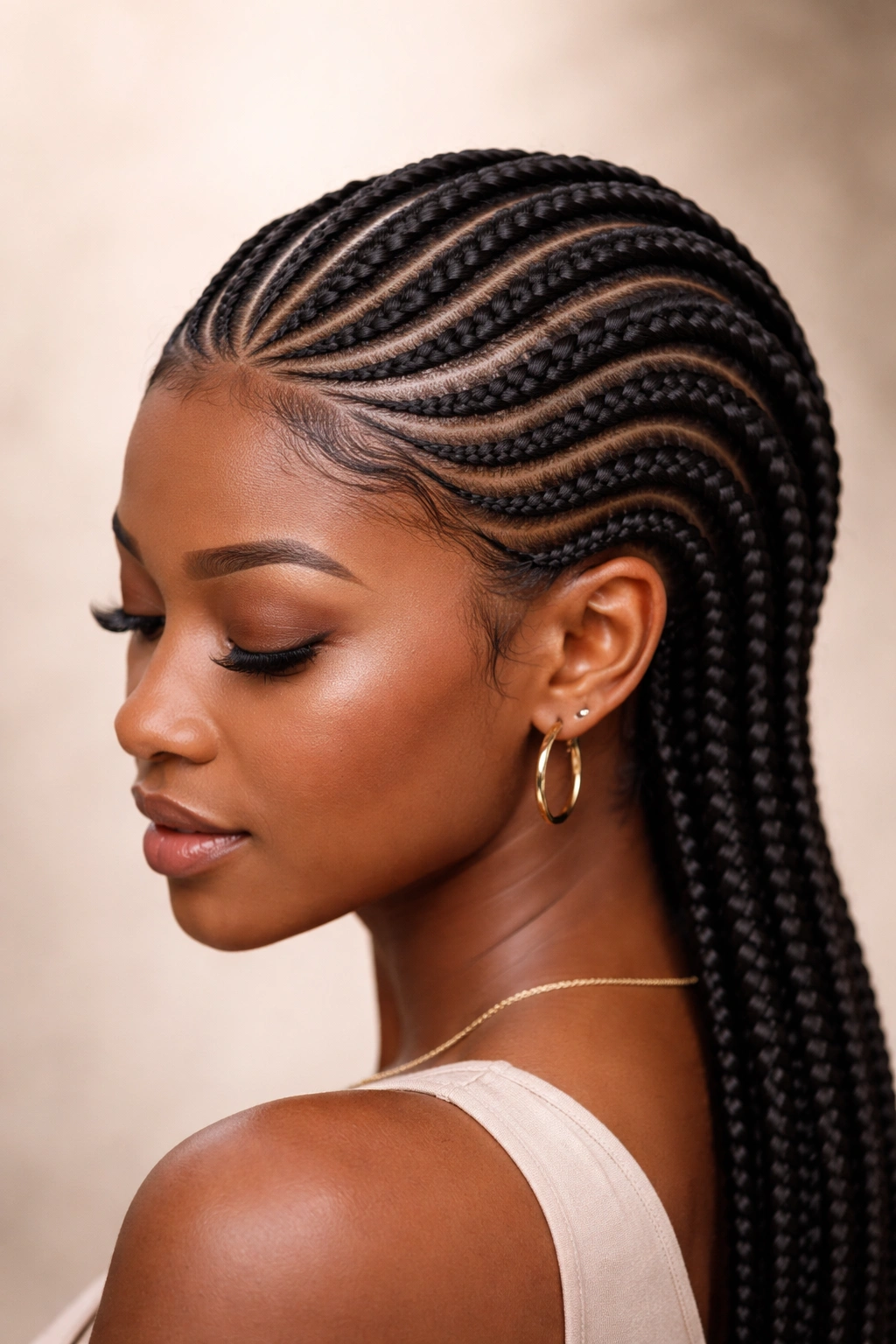 Close-up of serpentine cornrows forming a crown on a Black woman's head, highlighting curved lines along temples