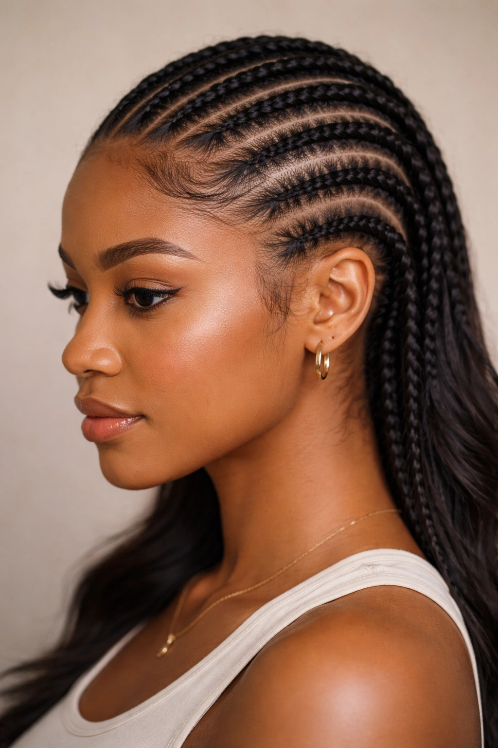 Curved cornrows following natural hairline around temple and ear.