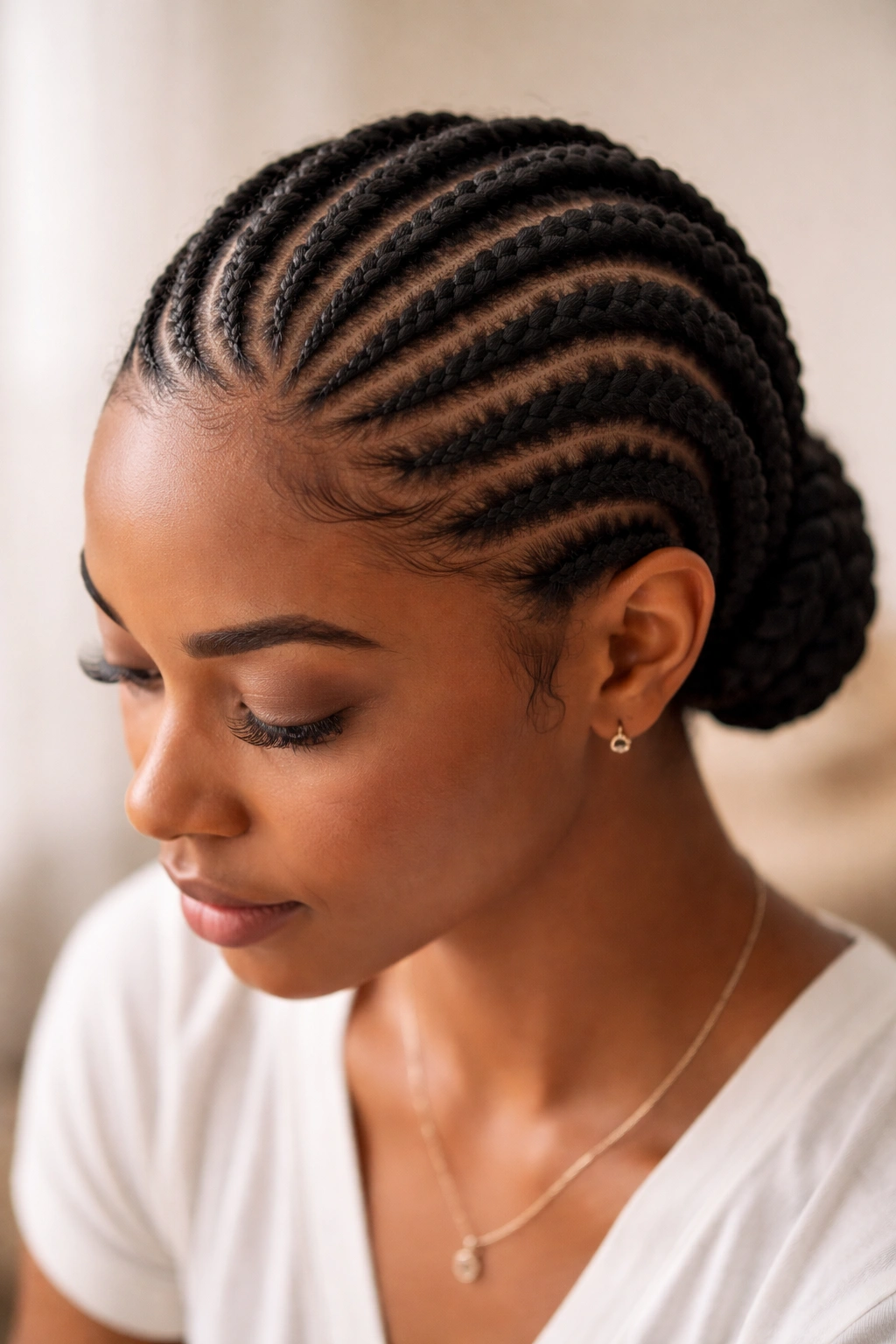 Head with curved cornrows following the head contours