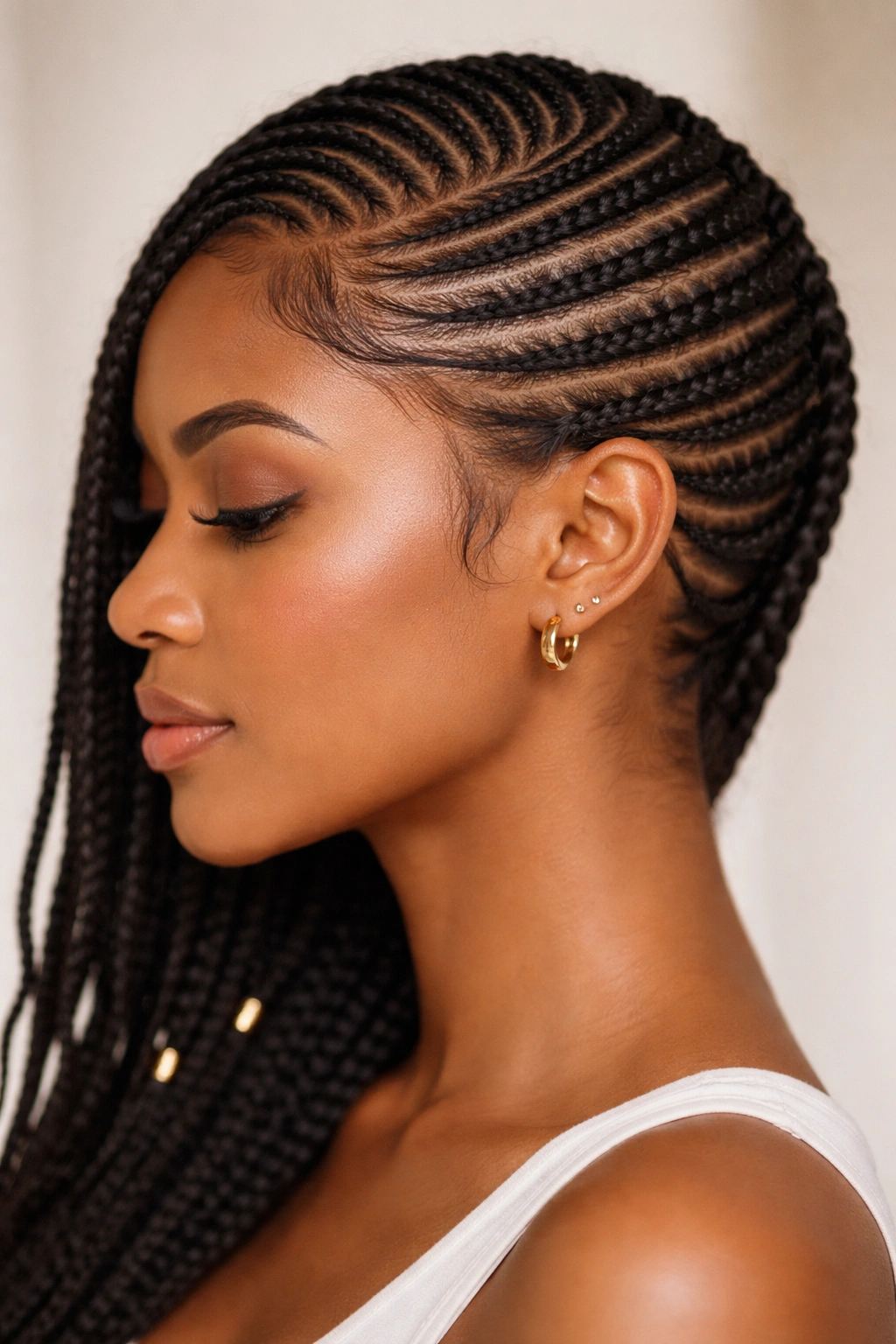 Close-up profile of curved cornrows sweeping diagonally across the scalp