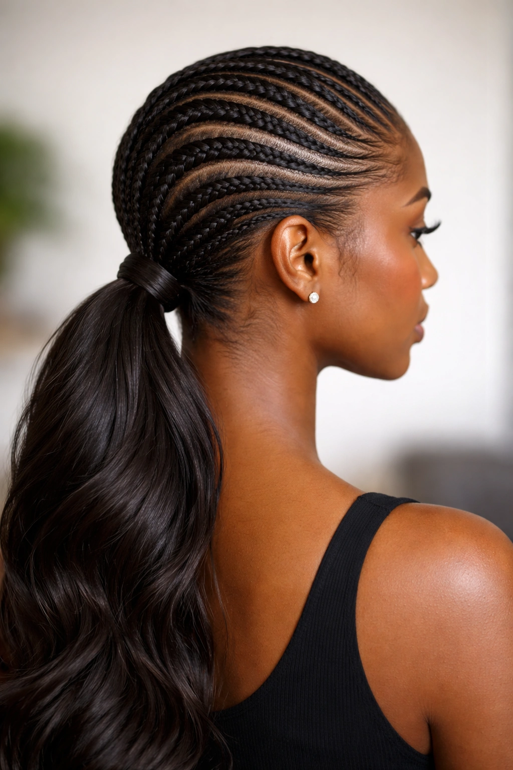 Low ponytail with curved cornrows forming an S-curve