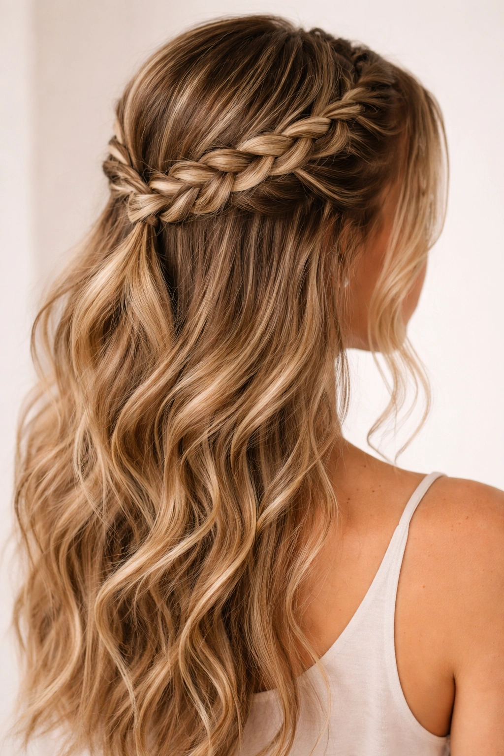 Close-up of curved Dutch braid half-up hairstyle with raised texture and light reflection