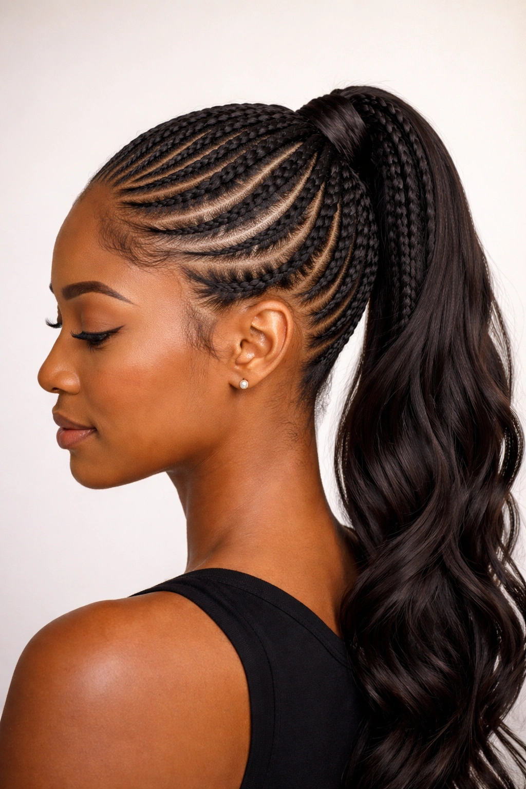 Curved feed-in cornrows flowing to a ponytail with tapered starts and thicker ends