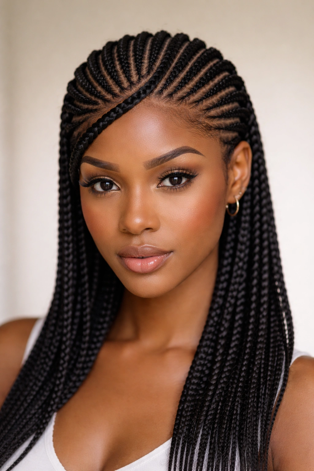 Straight-back cornrows with curved/diagonal front section framing the face