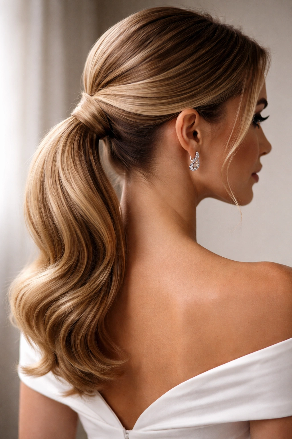 Low ponytail with curved hair wrap forming a semicircular design