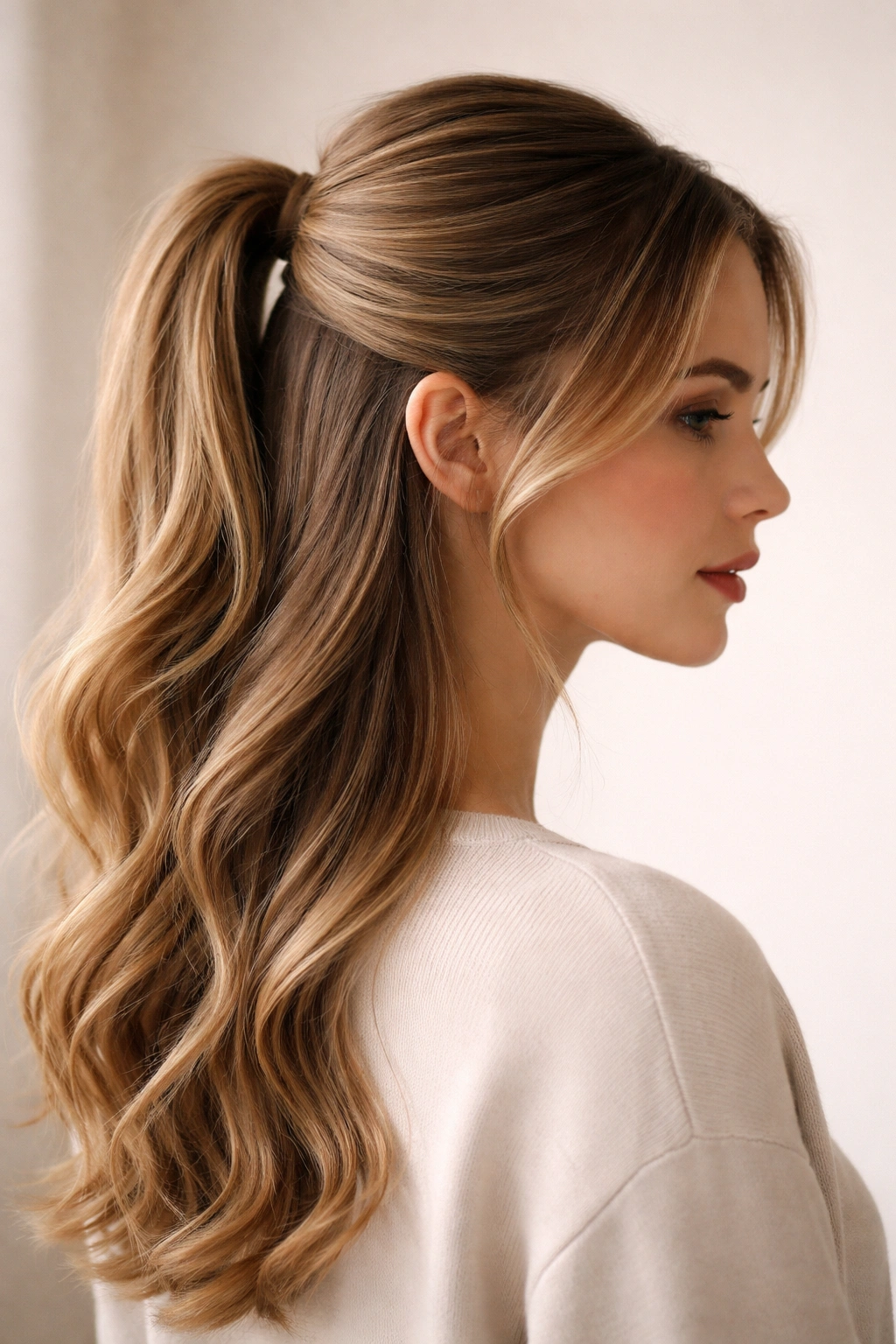 Curved half ponytail forming a soft arc along the scalp.
