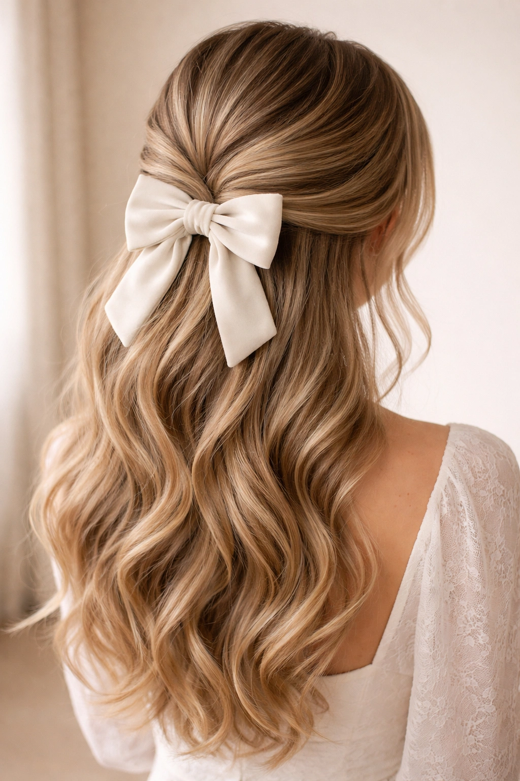 Three-quarter rear view of curved half-up hairstyle with bow.