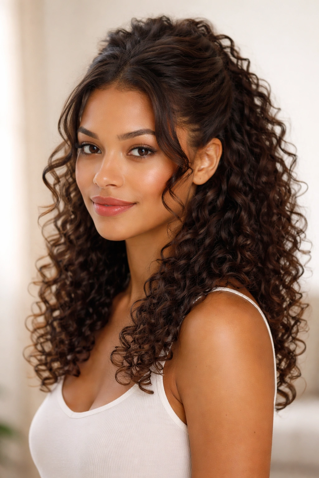 Curved half-up hairstyle with loose face-framing curls around the temples.