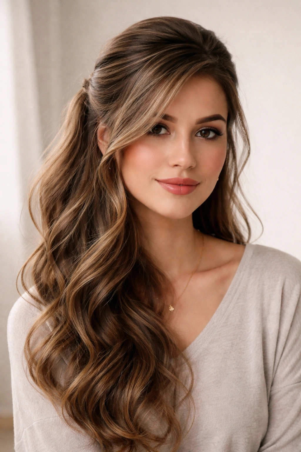 Curved half-up hairstyle with side-swept volume and soft waves