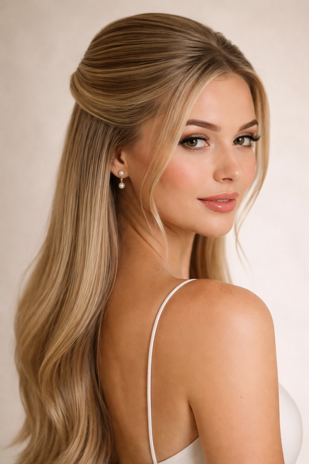 Close-up of straight hair with a curved-section half-up hairstyle