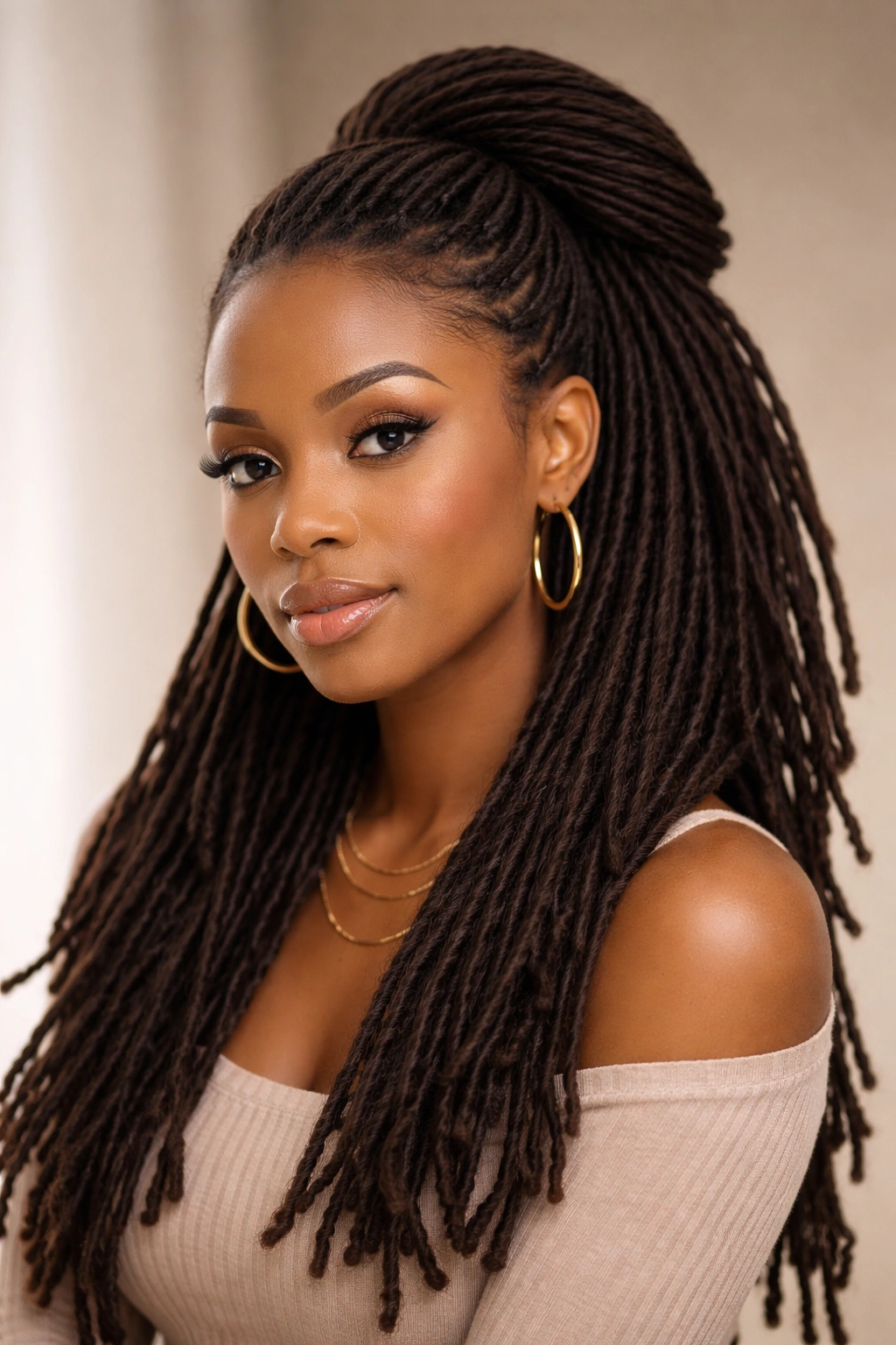 Close-up of curved half-up locs with volume on a Black woman