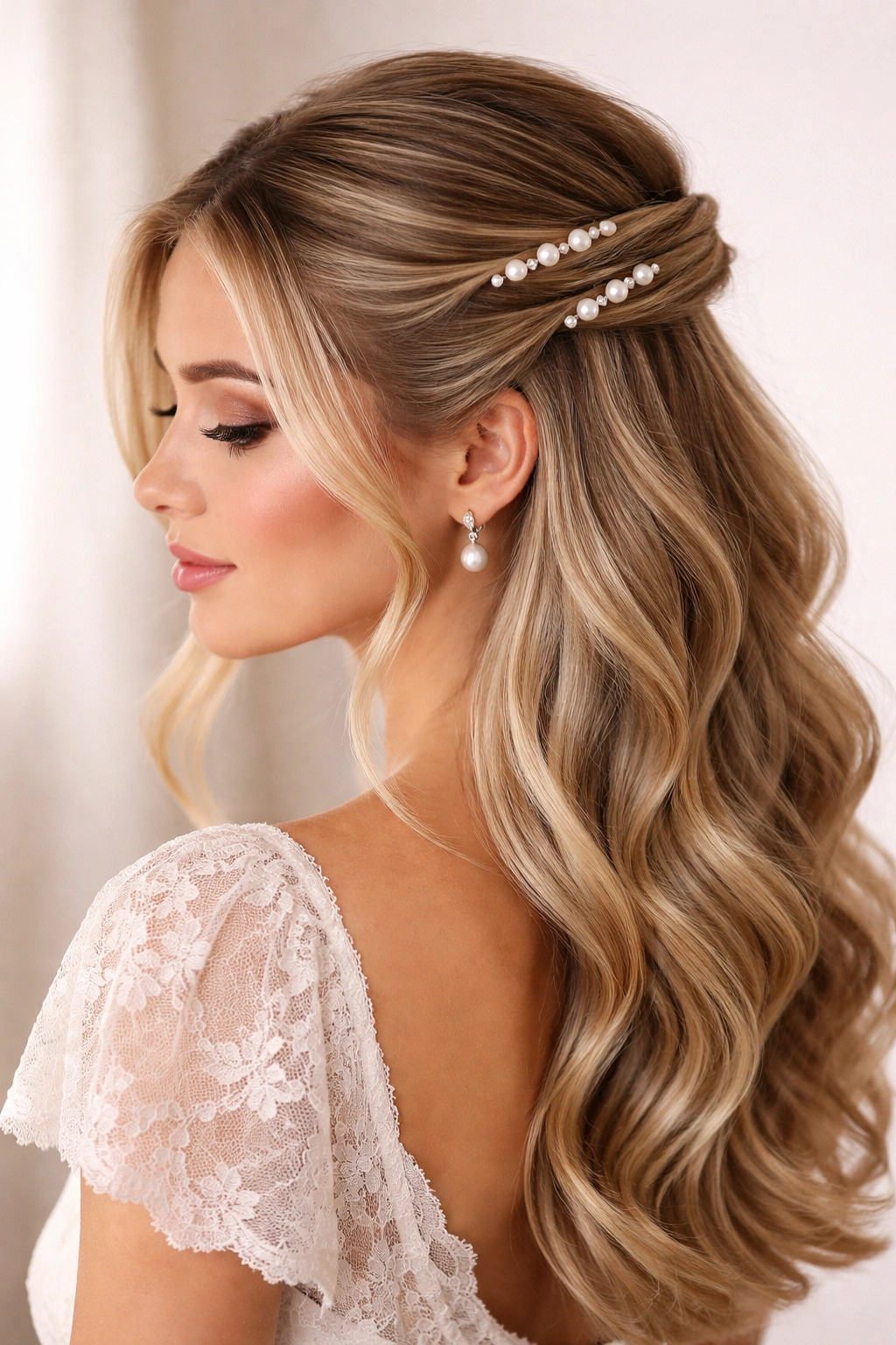Close-up of a curved half-up hairstyle with pearl accents