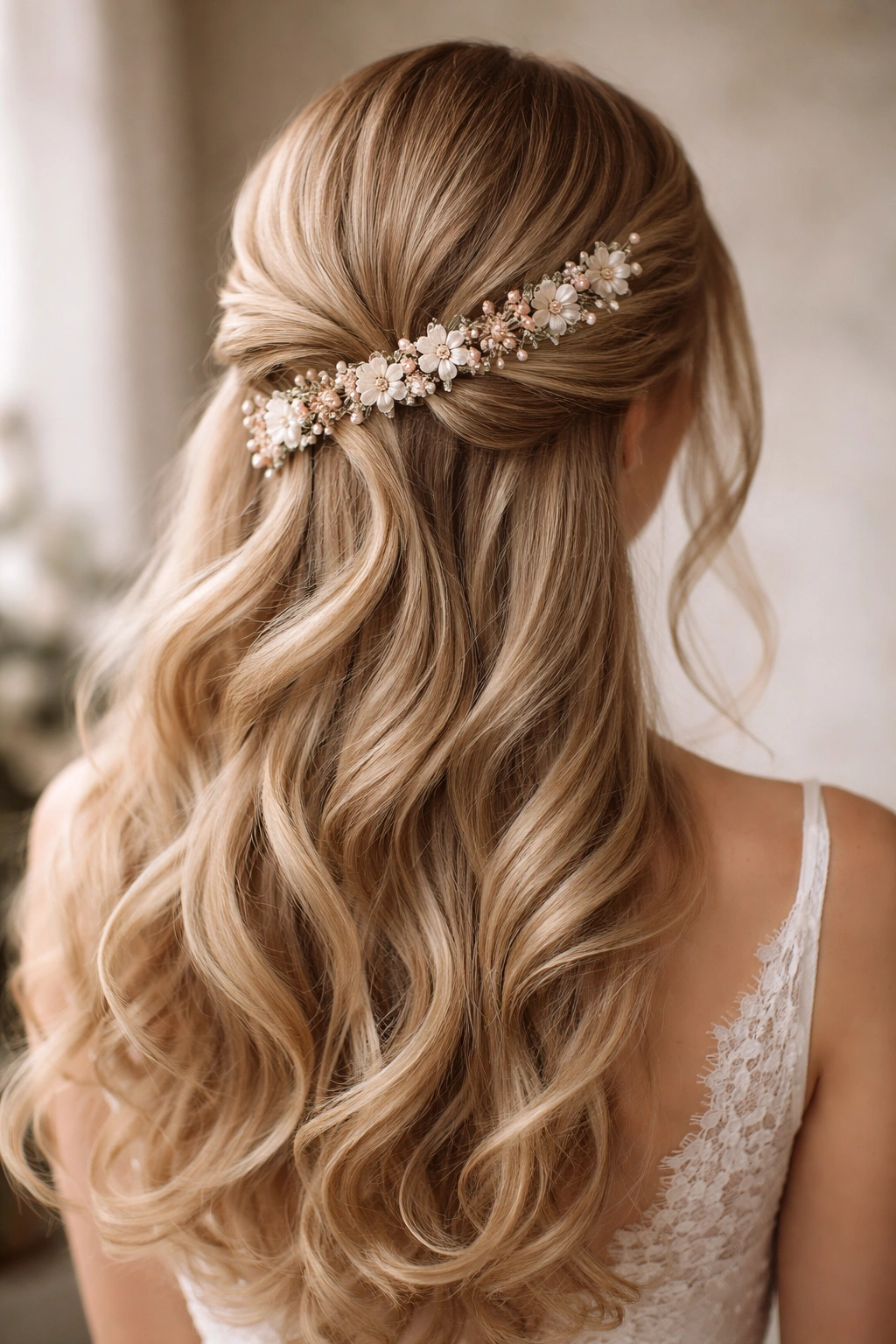 Curved half-up hairstyle with multiple flower pin clusters along a curve